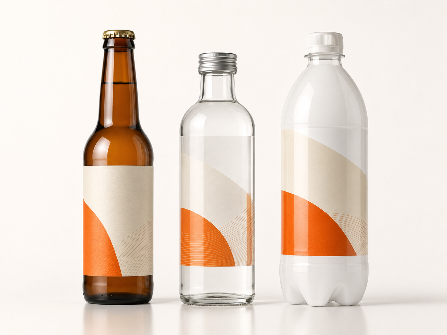 Hot melt glue labels on a beer bottle, water bottle and soft drink bottle — Labelex product range